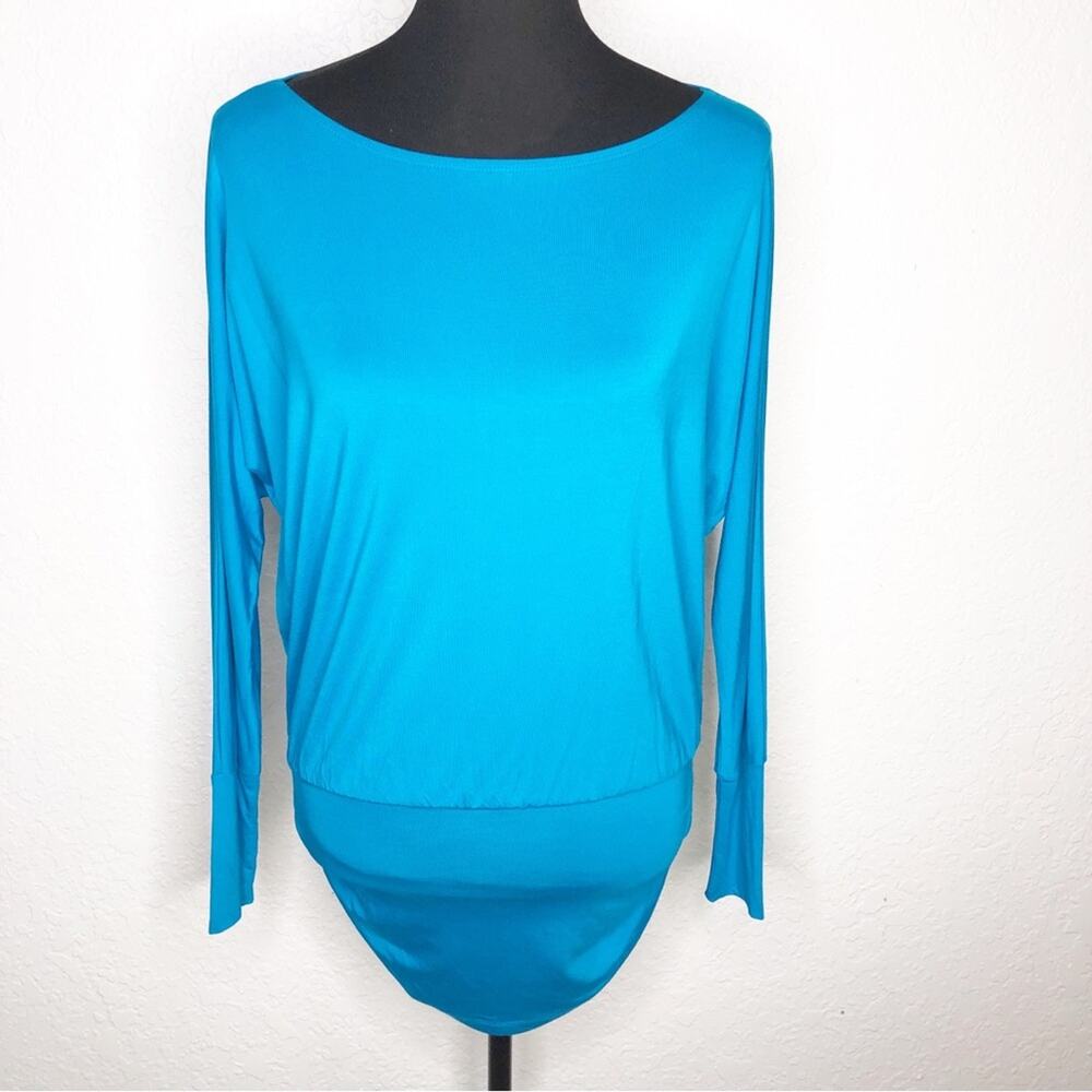Boston Proper bright blue ruched hemline knit top size Small